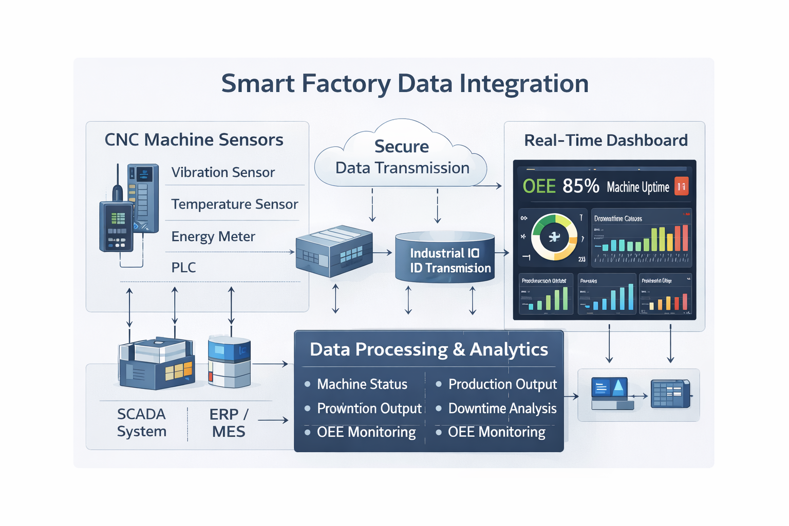 Smart Factory Data Integration: CNC machine sensors, SCADA and ERP systems feeding a real-time OEE dashboard