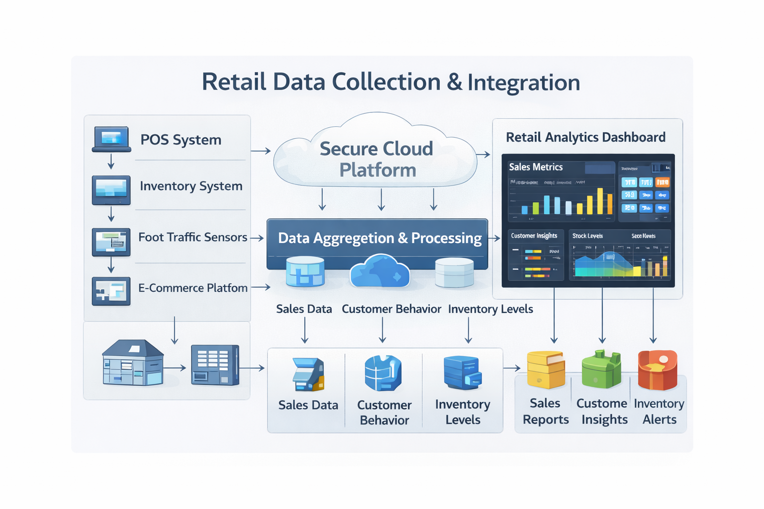 Retail Data Collection: POS systems, inventory, foot traffic sensors, and e-commerce feeding a cloud platform