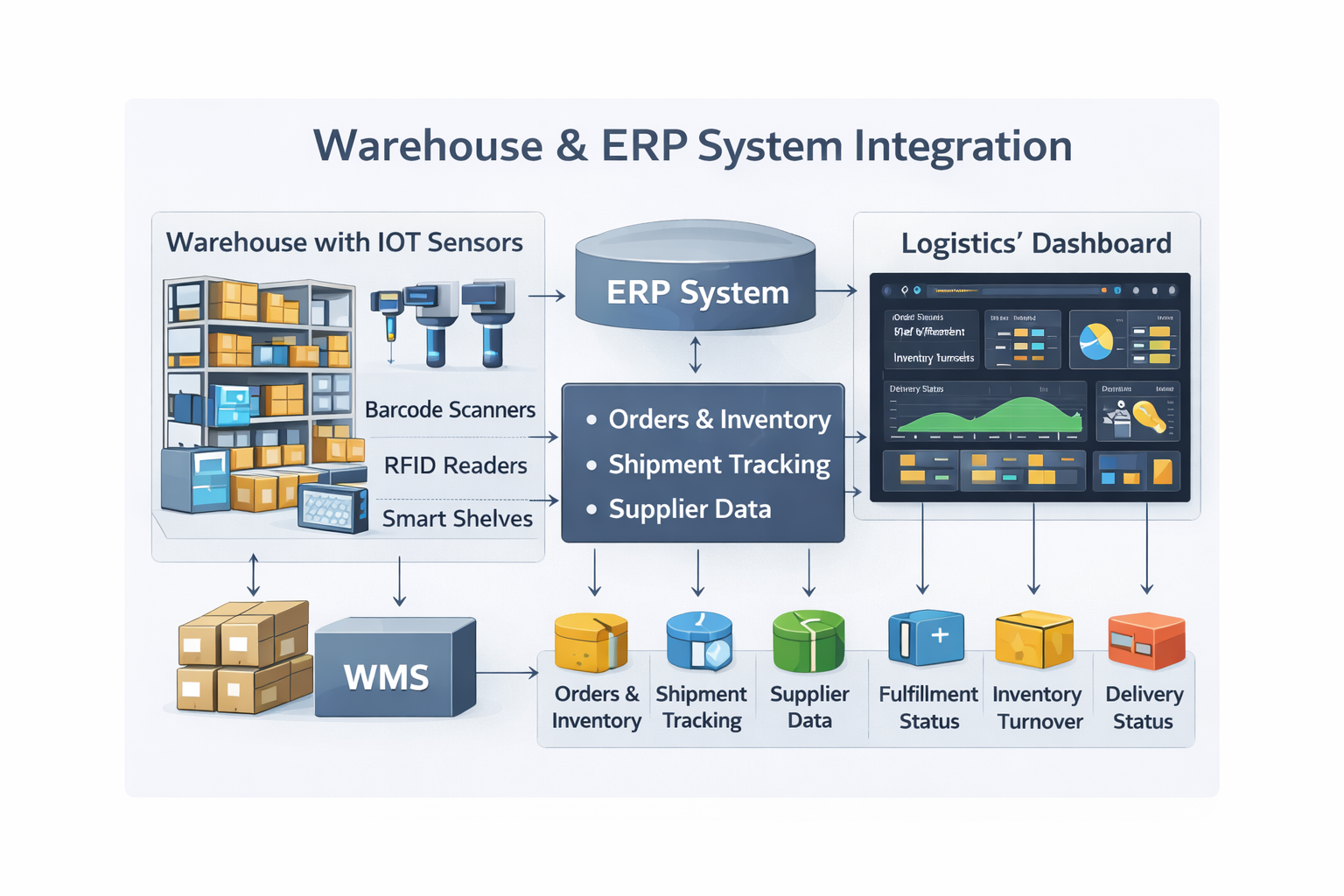 Warehouse with IoT Sensors: barcode scanners, RFID readers, and smart shelves connecting to ERP and WMS systems